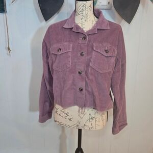 American Eagle Outfitters Purple Corduroy Cropped Raw Hem Button Up Jacket Small